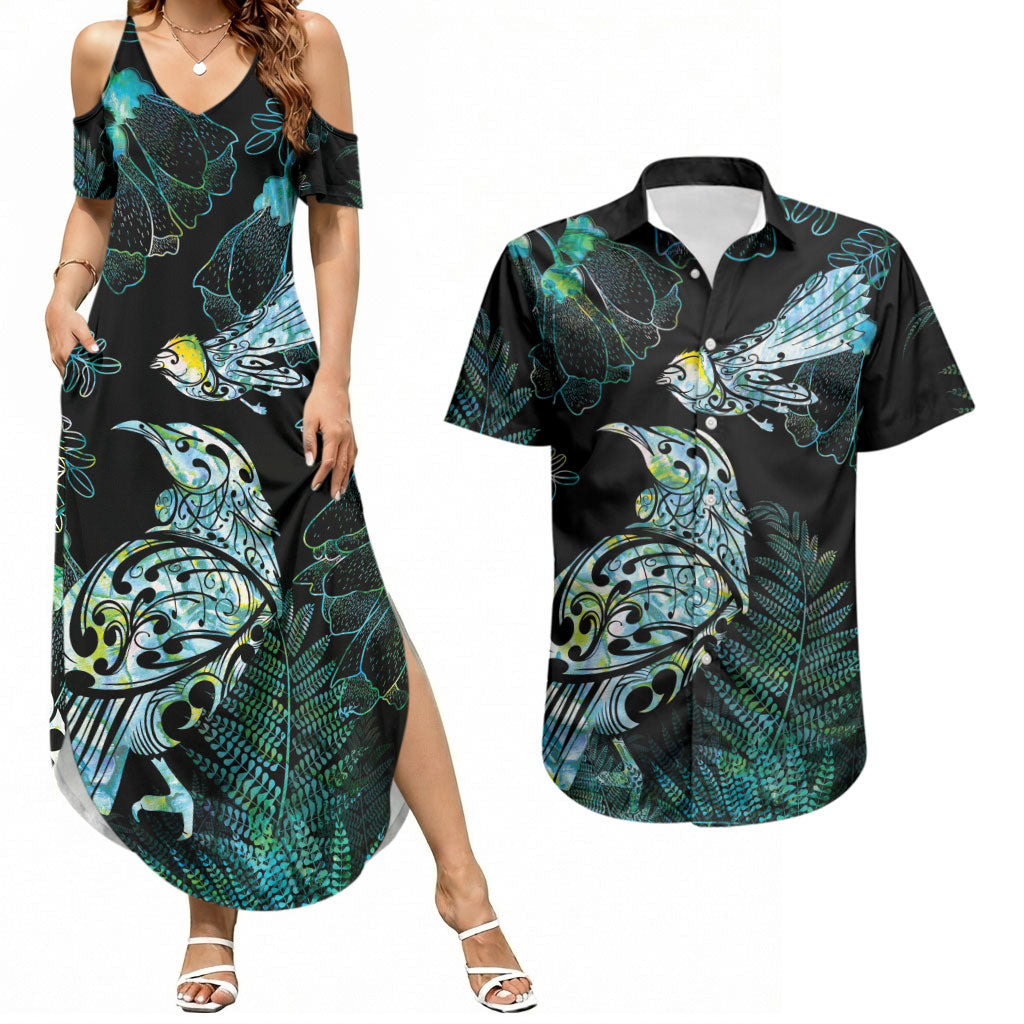 Aotearoa Maori Mahuru Couples Matching Summer Maxi Dress and Hawaiian Shirt Spring Time - Paua Shell Green LT7 Black - Polynesian Pride