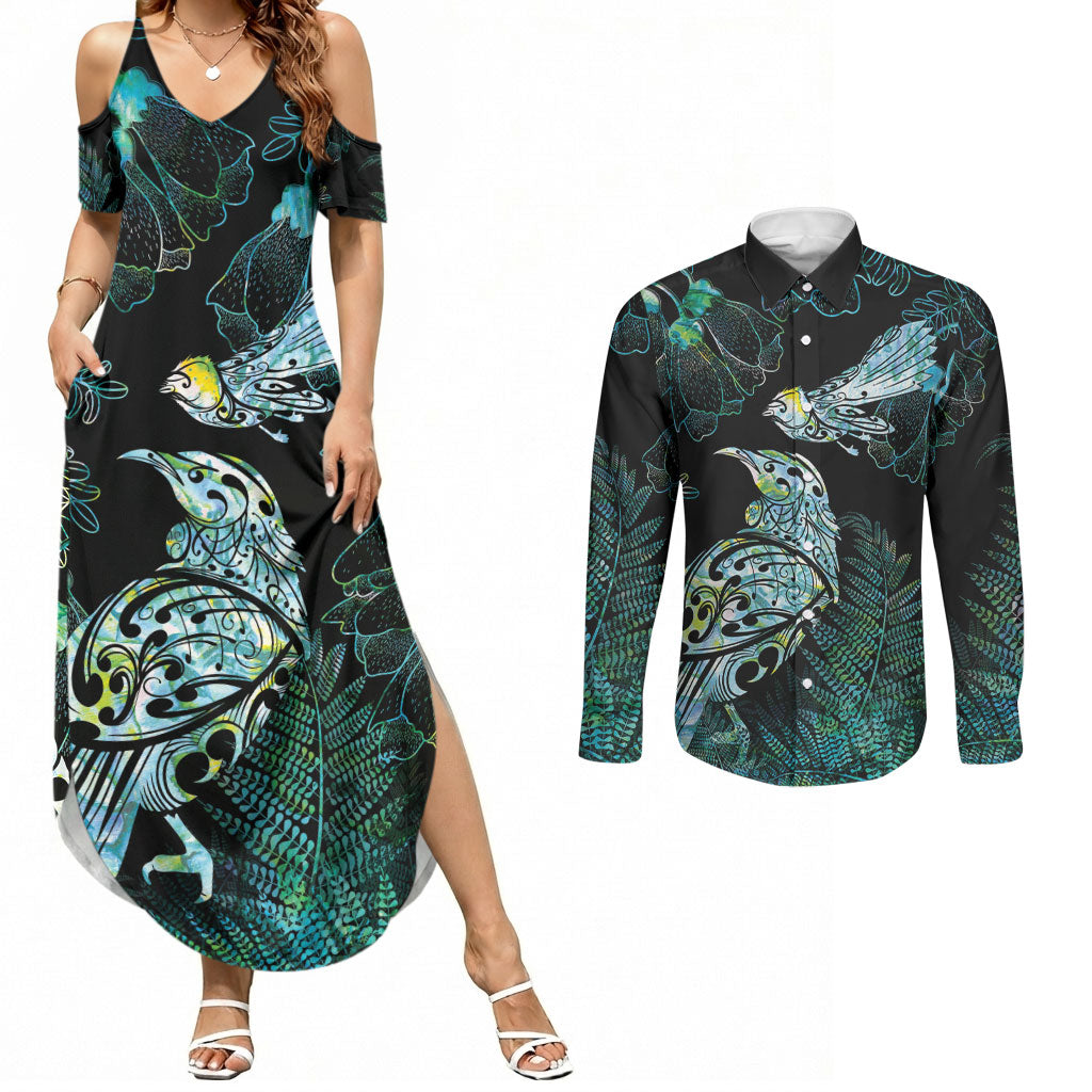 Aotearoa Maori Mahuru Couples Matching Summer Maxi Dress and Long Sleeve Button Shirt Spring Time - Paua Shell Green LT7 Black - Polynesian Pride