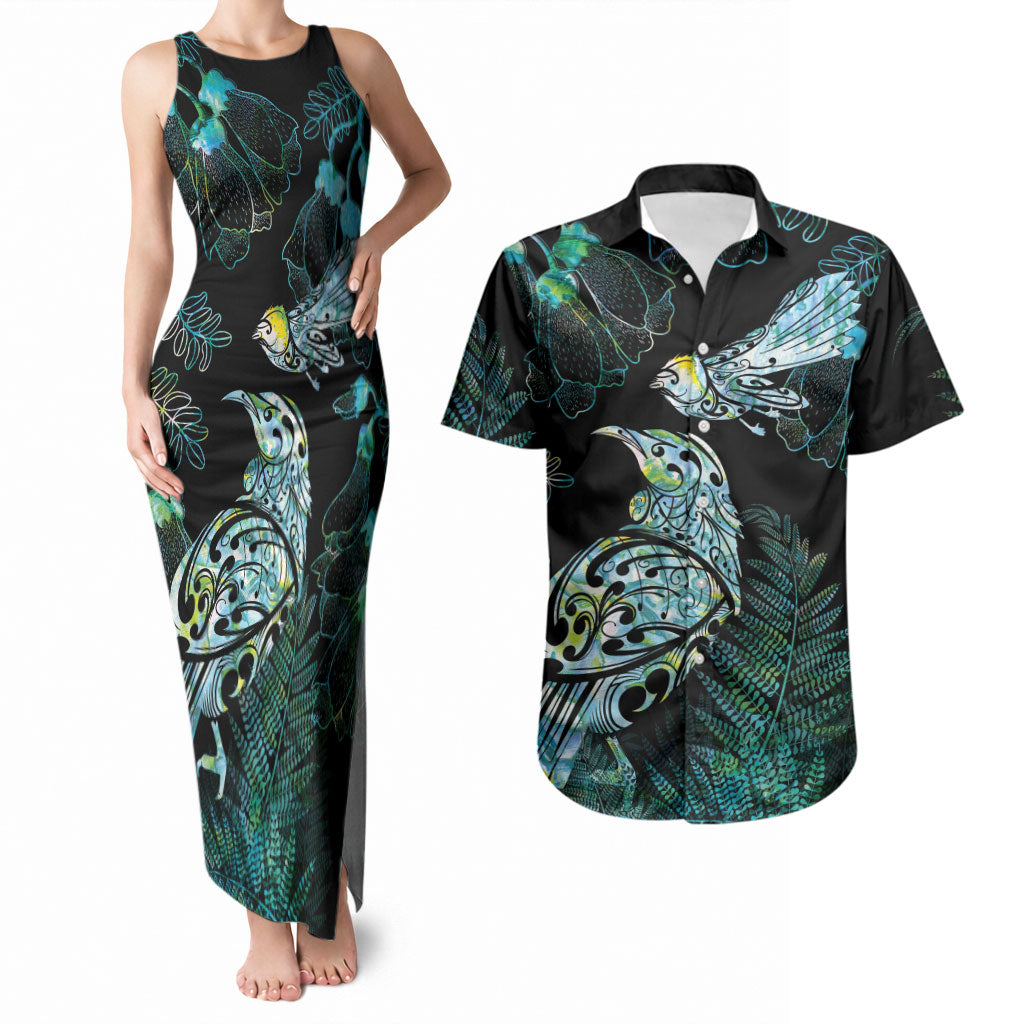Aotearoa Maori Mahuru Couples Matching Tank Maxi Dress and Hawaiian Shirt Spring Time - Paua Shell Green LT7 Black - Polynesian Pride