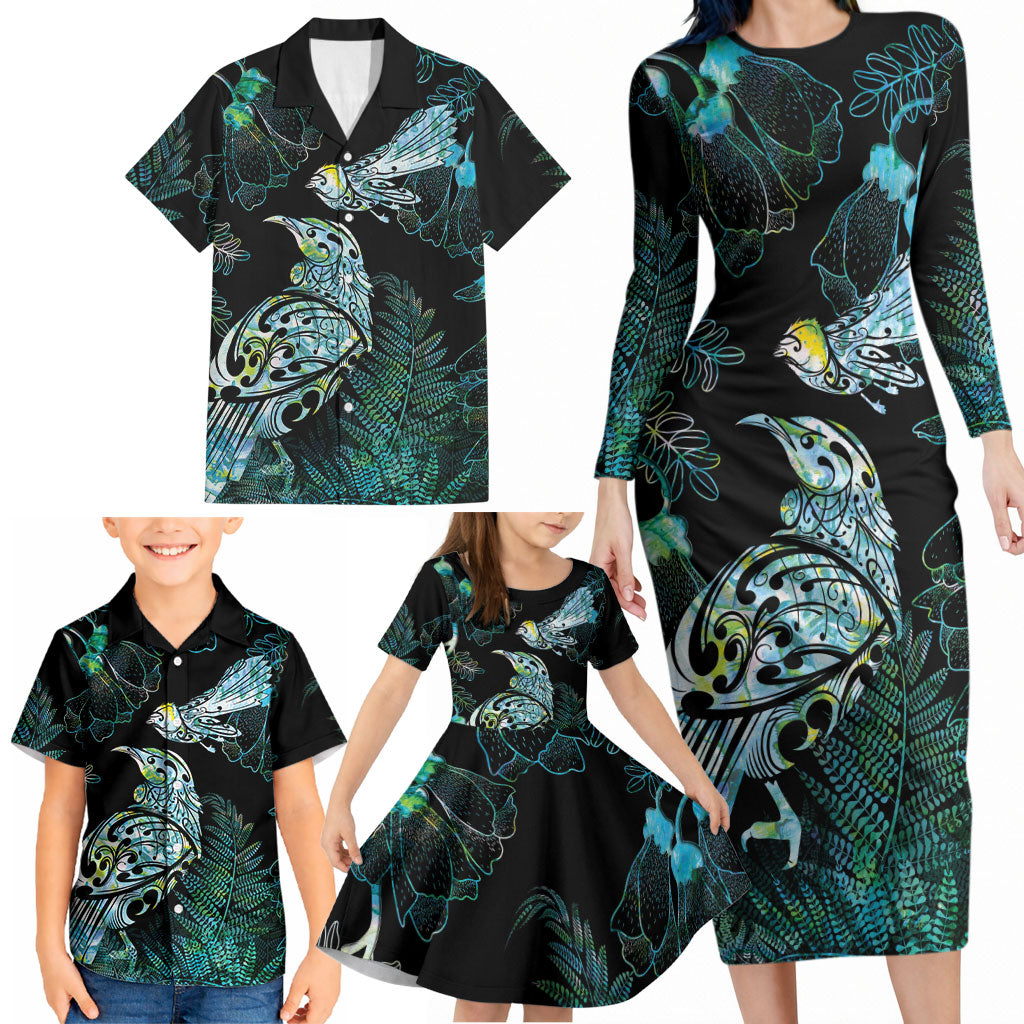Aotearoa Maori Mahuru Family Matching Long Sleeve Bodycon Dress and Hawaiian Shirt Spring Time - Paua Shell Green LT7 - Polynesian Pride
