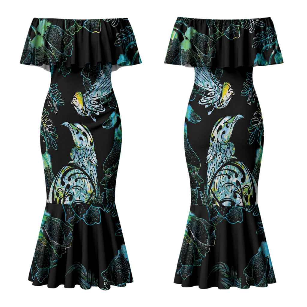 Aotearoa Maori Mahuru Family Matching Mermaid Dress and Hawaiian Shirt Spring Time - Paua Shell Green LT7 Mom's Dress Black - Polynesian Pride