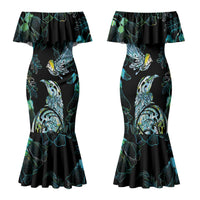 Aotearoa Maori Mahuru Family Matching Mermaid Dress and Hawaiian Shirt Spring Time - Paua Shell Green LT7 Mom's Dress Black - Polynesian Pride