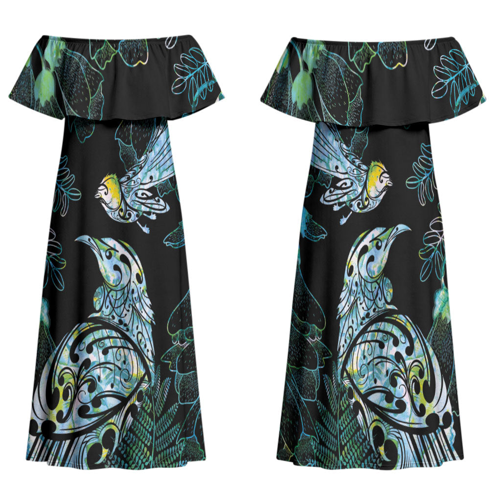 Aotearoa Maori Mahuru Family Matching Off Shoulder Maxi Dress and Hawaiian Shirt Spring Time - Paua Shell Green LT7 Mom's Dress Black - Polynesian Pride
