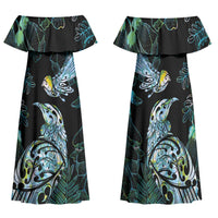 Aotearoa Maori Mahuru Family Matching Off Shoulder Maxi Dress and Hawaiian Shirt Spring Time - Paua Shell Green LT7 Mom's Dress Black - Polynesian Pride