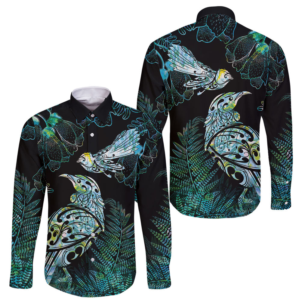 Aotearoa Maori Mahuru Family Matching Off Shoulder Maxi Dress and Hawaiian Shirt Spring Time - Paua Shell Green LT7 Dad's Shirt - Long Sleeve Black - Polynesian Pride