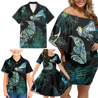 Aotearoa Maori Mahuru Family Matching Off Shoulder Short Dress and Hawaiian Shirt Spring Time - Paua Shell Green LT7 - Polynesian Pride