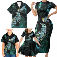 Aotearoa Maori Mahuru Family Matching Short Sleeve Bodycon Dress and Hawaiian Shirt Spring Time - Paua Shell Green LT7 - Polynesian Pride