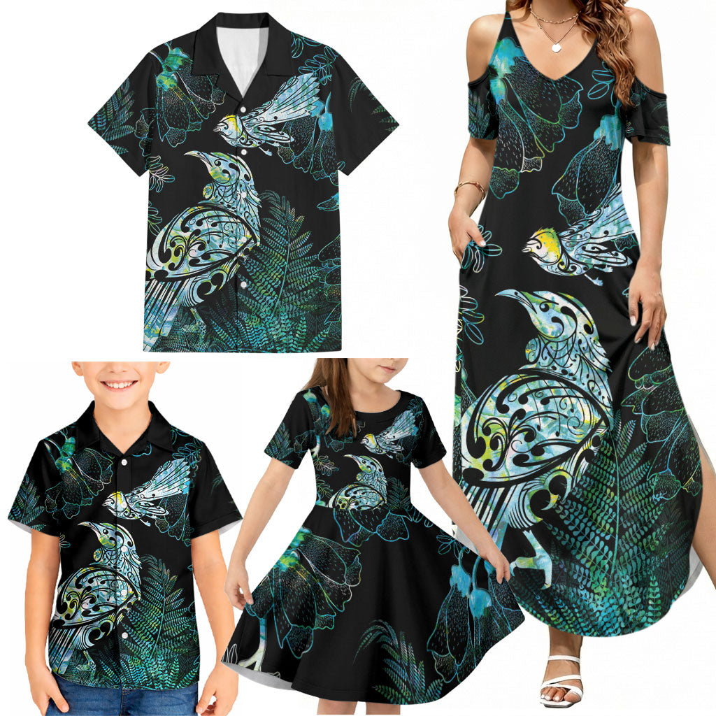 Aotearoa Maori Mahuru Family Matching Summer Maxi Dress and Hawaiian Shirt Spring Time - Paua Shell Green LT7 - Polynesian Pride
