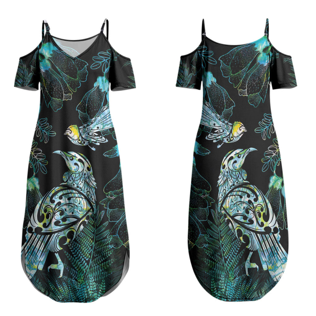 Aotearoa Maori Mahuru Family Matching Summer Maxi Dress and Hawaiian Shirt Spring Time - Paua Shell Green LT7 Mom's Dress Black - Polynesian Pride