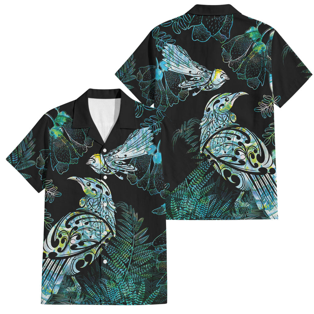 Aotearoa Maori Mahuru Family Matching Summer Maxi Dress and Hawaiian Shirt Spring Time - Paua Shell Green LT7 Dad's Shirt - Short Sleeve Black - Polynesian Pride