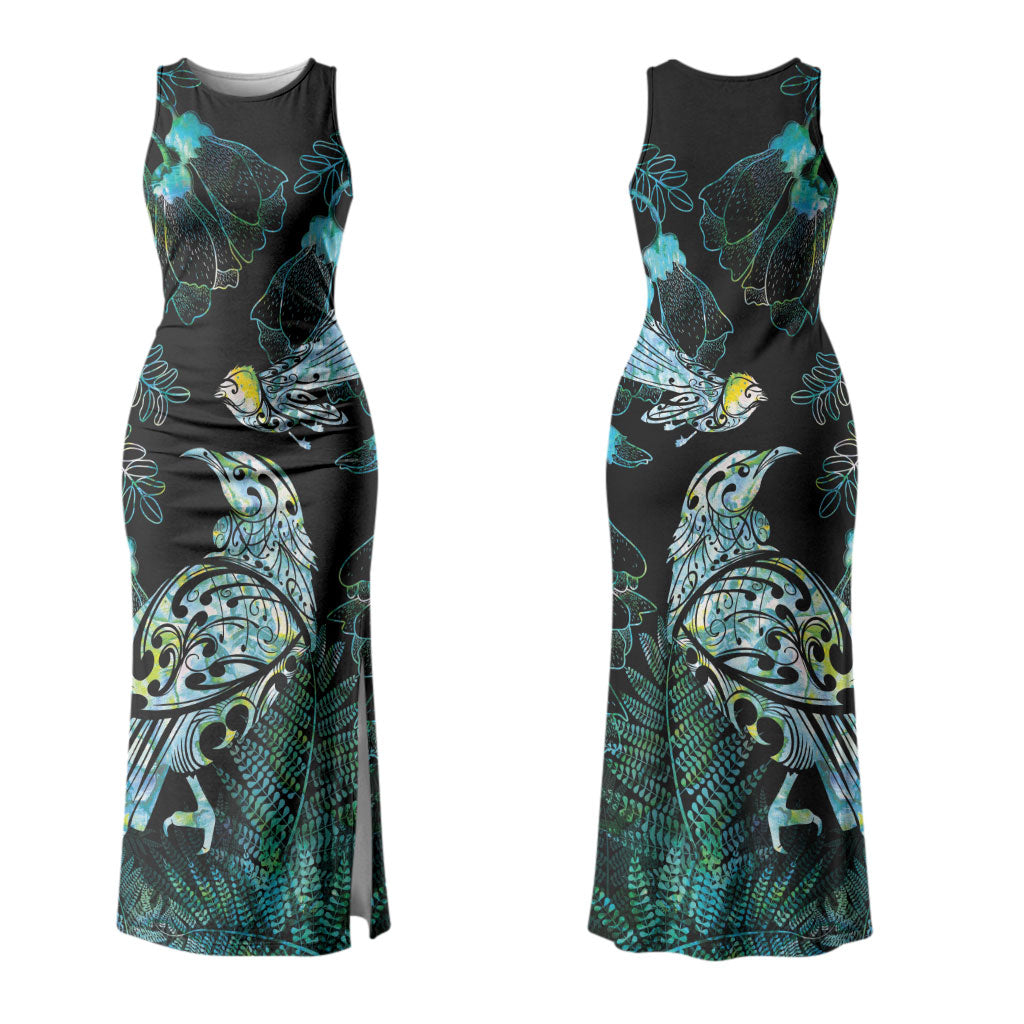 Aotearoa Maori Mahuru Family Matching Tank Maxi Dress and Hawaiian Shirt Spring Time - Paua Shell Green LT7 Mom's Dress Black - Polynesian Pride