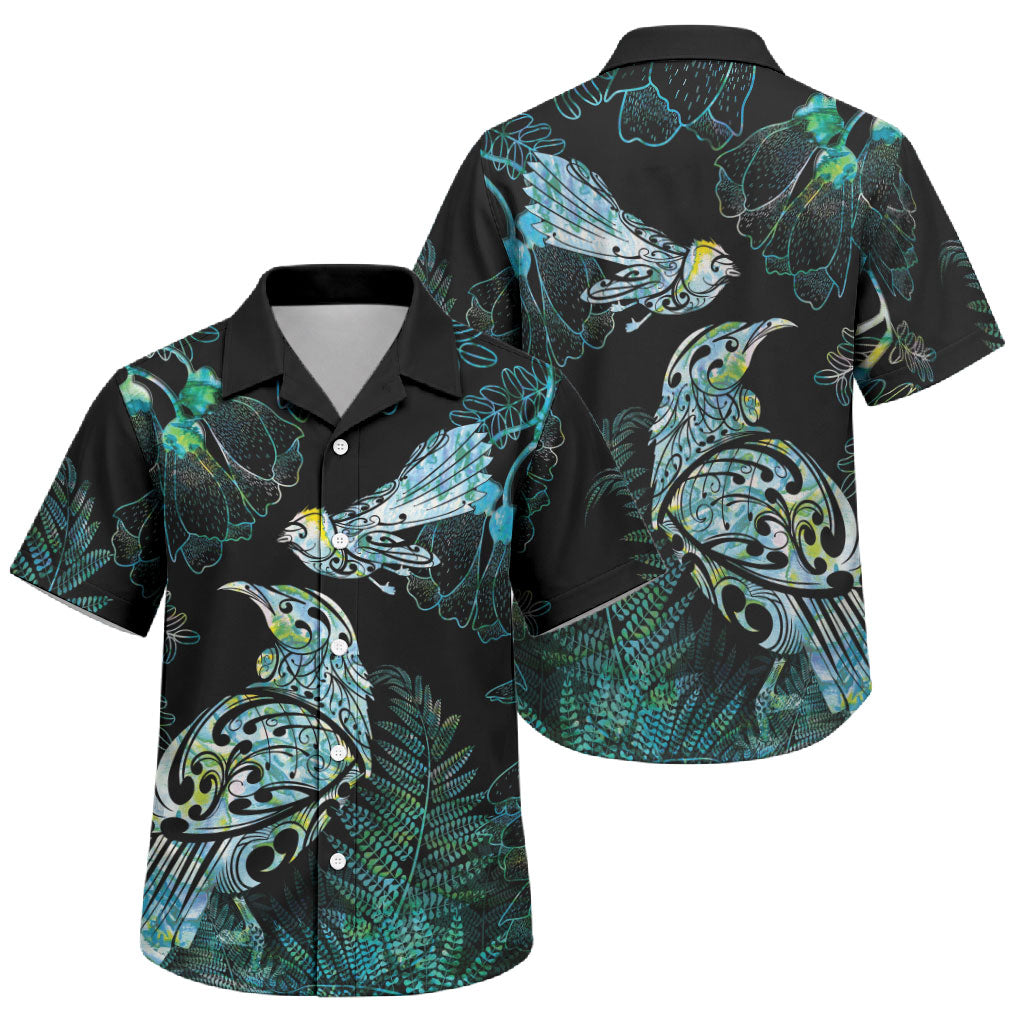 Aotearoa Maori Mahuru Family Matching Tank Maxi Dress and Hawaiian Shirt Spring Time - Paua Shell Green LT7 Son's Shirt Black - Polynesian Pride