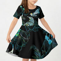 Aotearoa Maori Mahuru Kid Short Sleeve Dress Spring Time - Paua Shell Green LT7 KID Black - Polynesian Pride