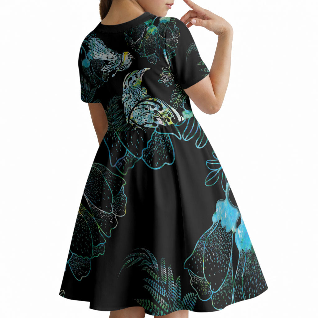 Aotearoa Maori Mahuru Kid Short Sleeve Dress Spring Time - Paua Shell Green LT7 - Polynesian Pride