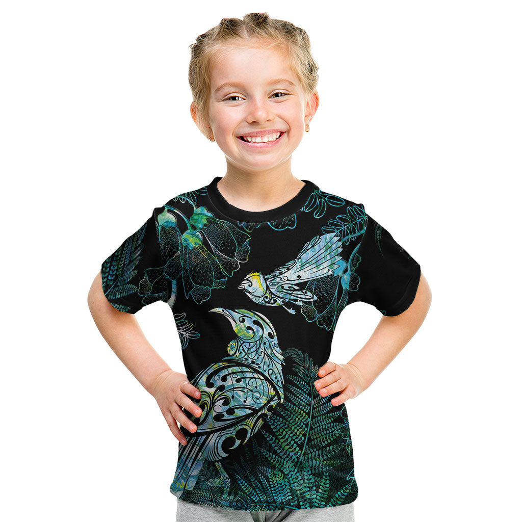 Aotearoa Maori Mahuru Kid T Shirt Spring Time - Paua Shell Green LT7 Black - Polynesian Pride