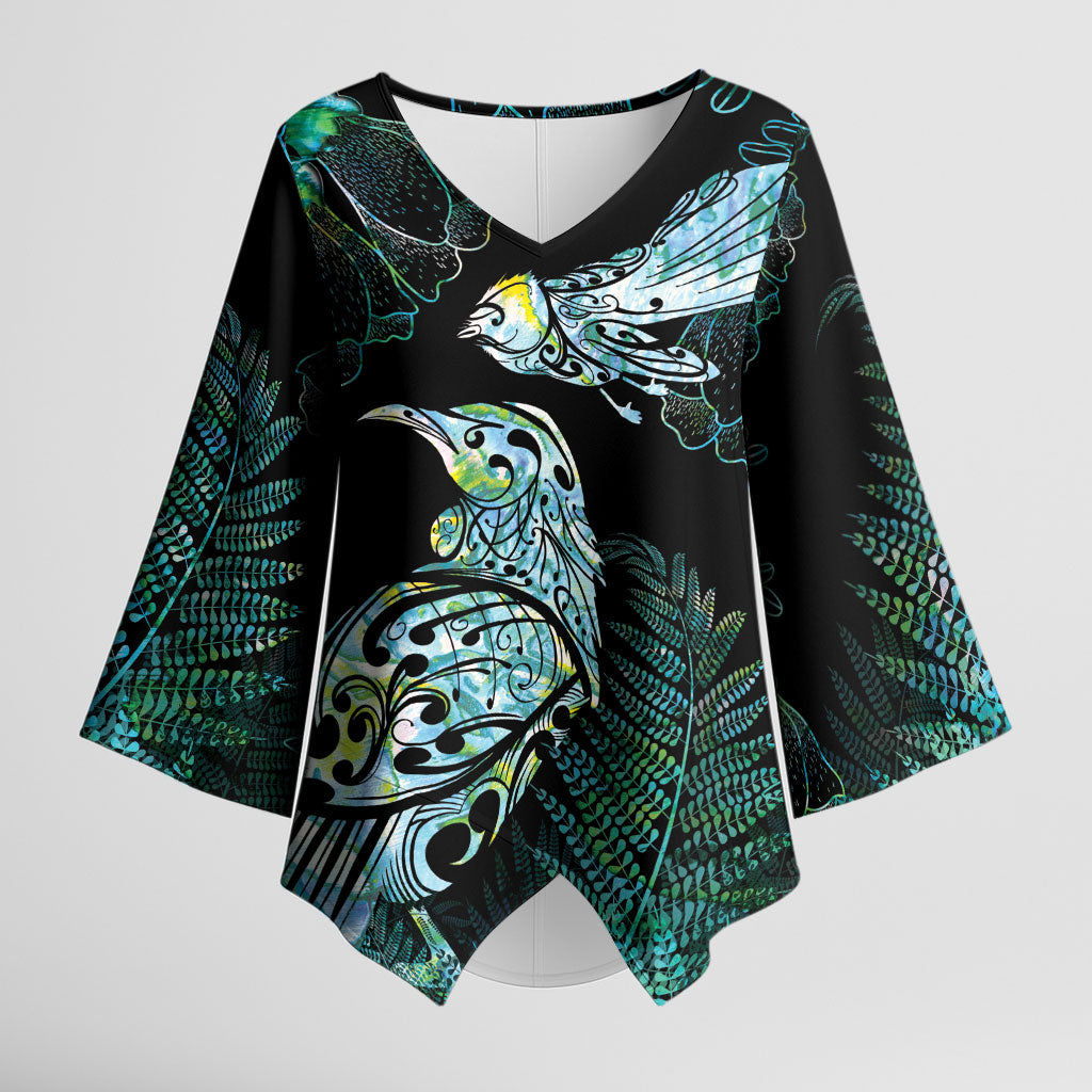 Aotearoa Maori Mahuru Kimono Sleeve Blouse Spring Time - Paua Shell Green LT7 Female Black - Polynesian Pride
