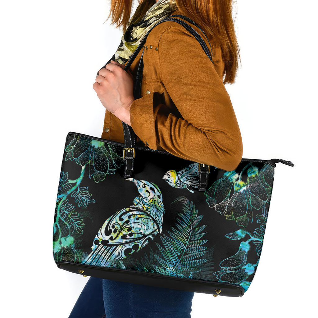Aotearoa Maori Mahuru Leather Tote Bag Spring Time - Paua Shell Green LT7 Black - Polynesian Pride