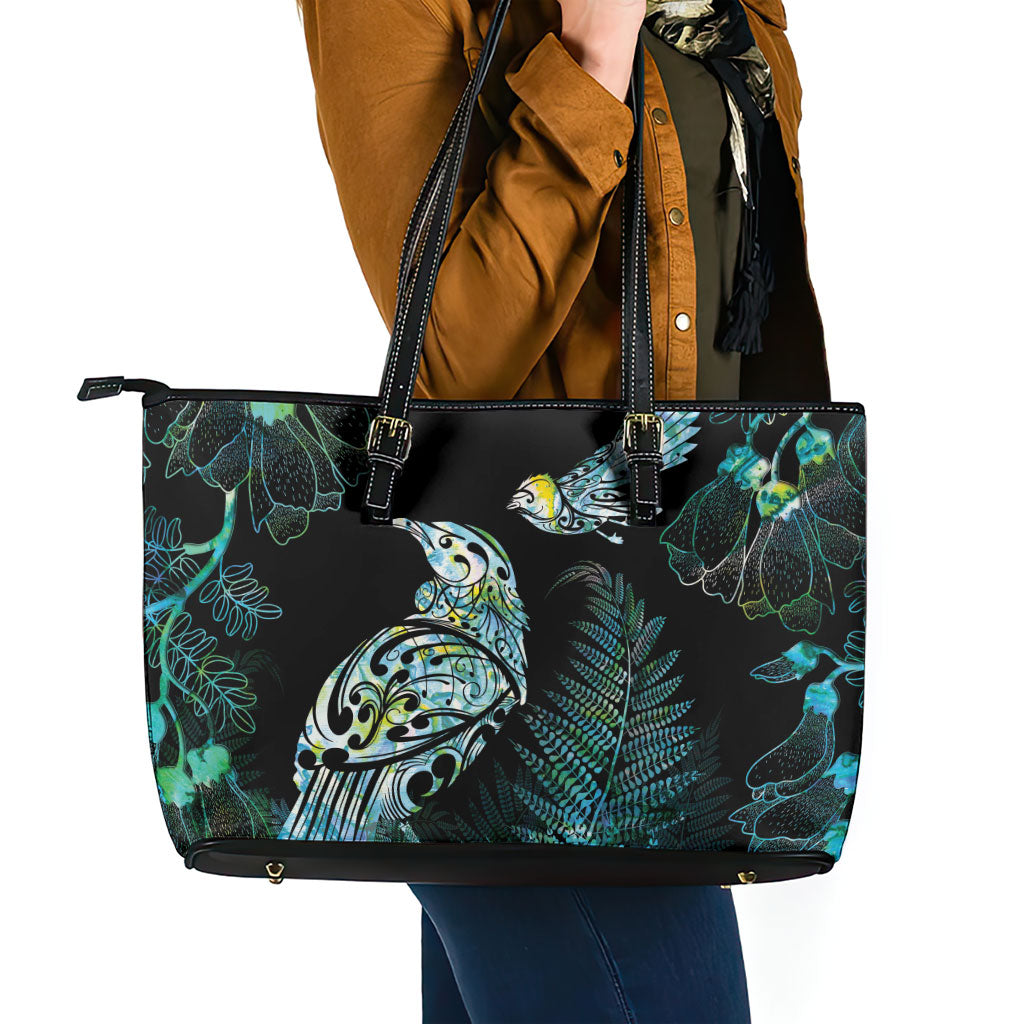 Aotearoa Maori Mahuru Leather Tote Bag Spring Time - Paua Shell Green LT7 - Polynesian Pride