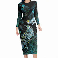 Aotearoa Maori Mahuru Long Sleeve Bodycon Dress Spring Time - Paua Shell Green LT7 Long Dress Black - Polynesian Pride