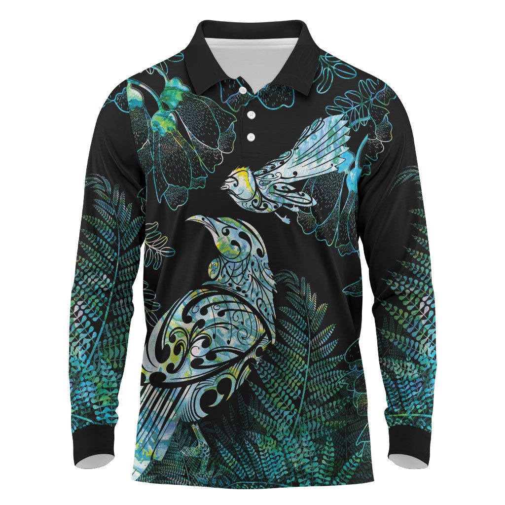 Aotearoa Maori Mahuru Long Sleeve Polo Shirt Spring Time - Paua Shell Green LT7 Black - Polynesian Pride