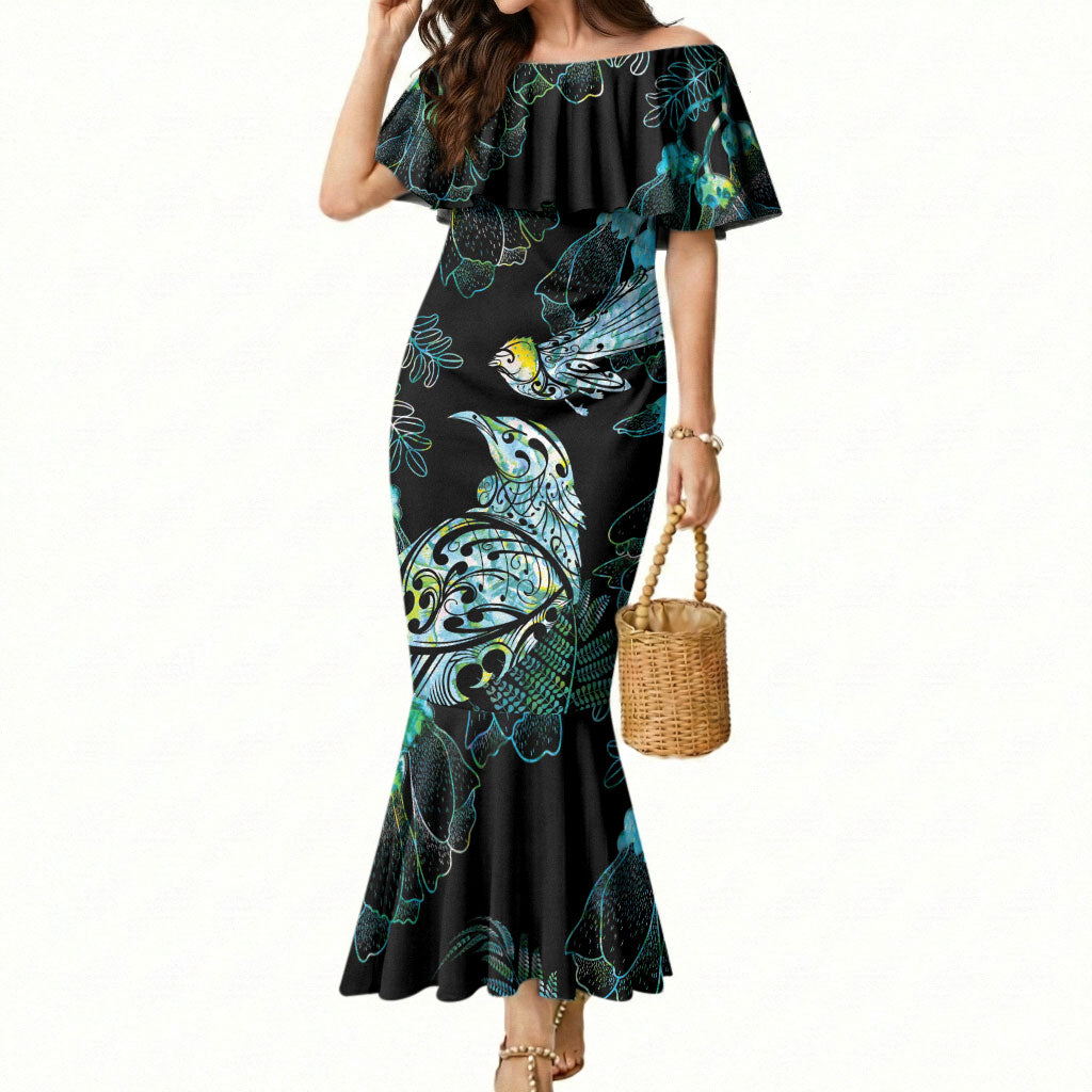 Aotearoa Maori Mahuru Mermaid Dress Spring Time - Paua Shell Green LT7 Women Black - Polynesian Pride