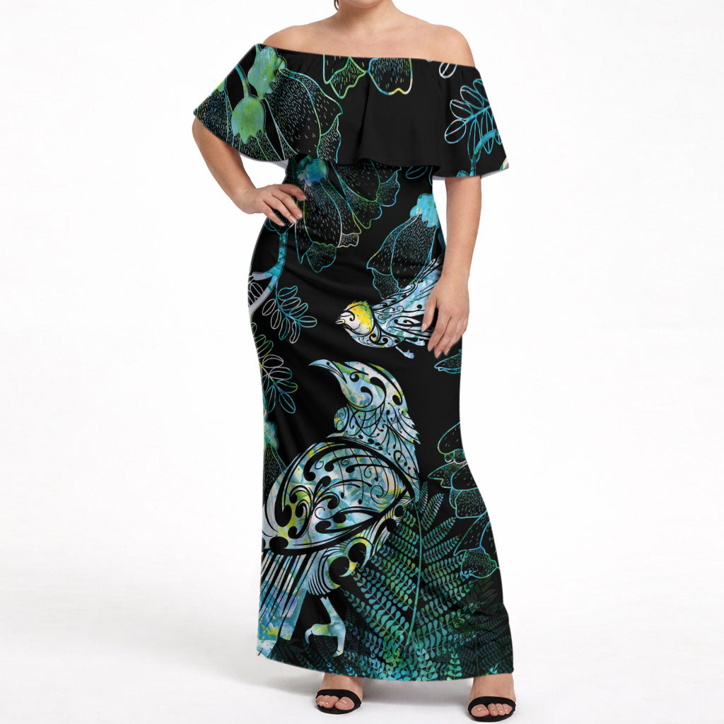 Aotearoa Maori Mahuru Off Shoulder Maxi Dress Spring Time - Paua Shell Green LT7 Women Black - Polynesian Pride