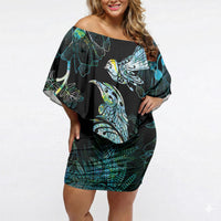 Aotearoa Maori Mahuru Off Shoulder Short Dress Spring Time - Paua Shell Green LT7 Women Black - Polynesian Pride