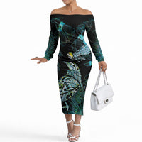 Aotearoa Maori Mahuru Off The Shoulder Long Sleeve Dress Spring Time - Paua Shell Green LT7 Women Black - Polynesian Pride