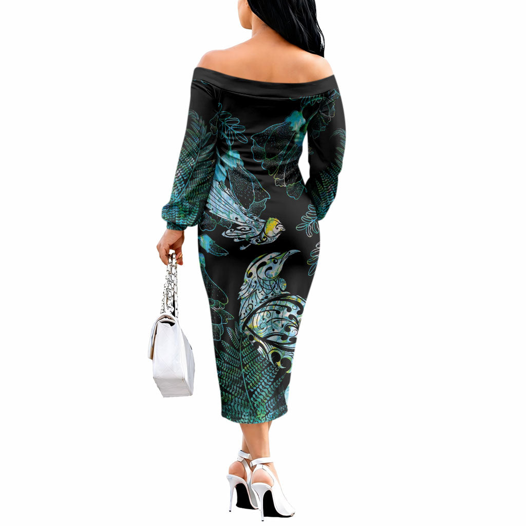 Aotearoa Maori Mahuru Off The Shoulder Long Sleeve Dress Spring Time - Paua Shell Green LT7 - Polynesian Pride