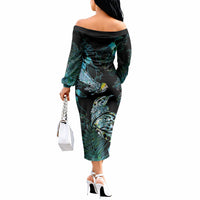 Aotearoa Maori Mahuru Off The Shoulder Long Sleeve Dress Spring Time - Paua Shell Green LT7 - Polynesian Pride