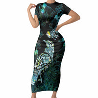 Aotearoa Maori Mahuru Short Sleeve Bodycon Dress Spring Time - Paua Shell Green LT7 Long Dress Black - Polynesian Pride