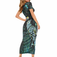 Aotearoa Maori Mahuru Short Sleeve Bodycon Dress Spring Time - Paua Shell Green LT7 - Polynesian Pride