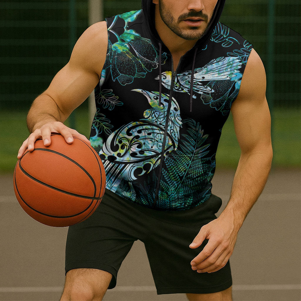 Aotearoa Maori Mahuru Sleeveless Zip Hoodie Spring Time - Paua Shell Green LT7 - Polynesian Pride