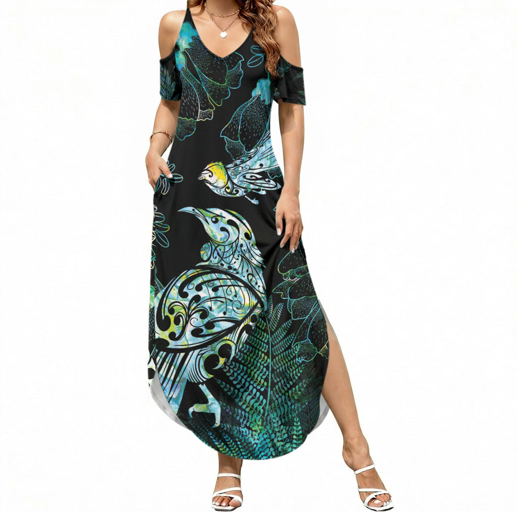 Aotearoa Maori Mahuru Summer Maxi Dress Spring Time - Paua Shell Green LT7 Women Black - Polynesian Pride