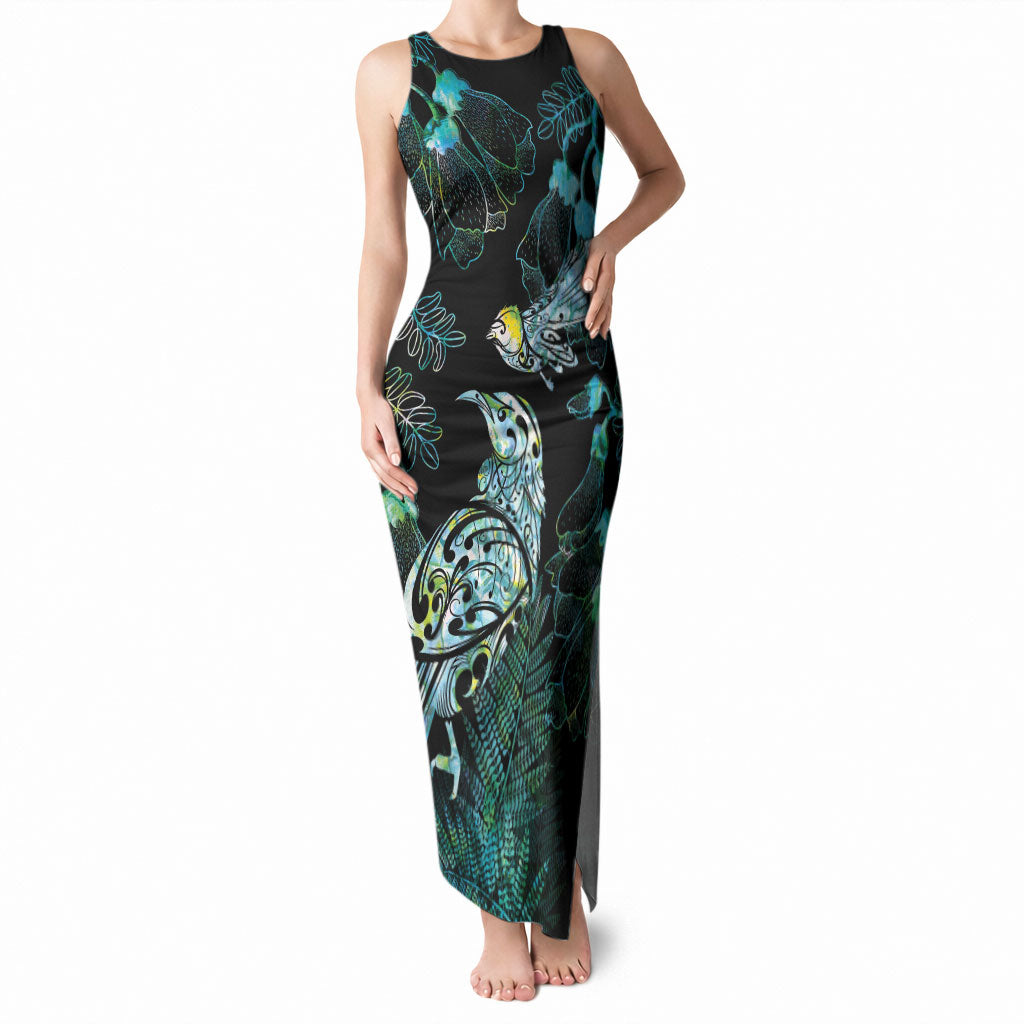 Aotearoa Maori Mahuru Tank Maxi Dress Spring Time - Paua Shell Green LT7 Women Black - Polynesian Pride