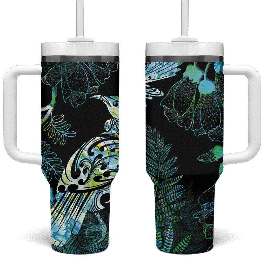 Aotearoa Maori Mahuru Tumbler With Handle Spring Time - Paua Shell Green LT7 One Size: 40 oz Black - Polynesian Pride