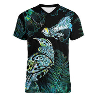 Aotearoa Maori Mahuru Women V-Neck T-Shirt Spring Time - Paua Shell Green LT7 Female Black - Polynesian Pride