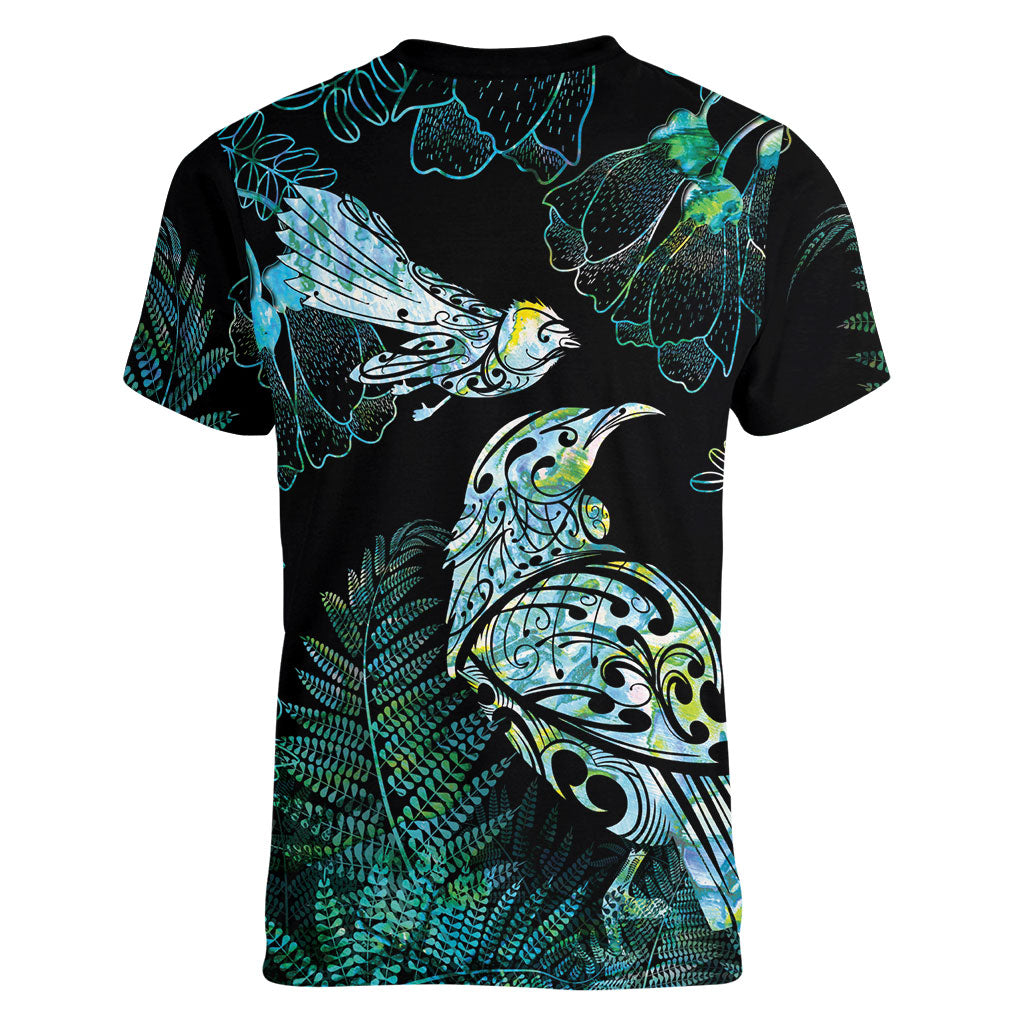 Aotearoa Maori Mahuru Women V-Neck T-Shirt Spring Time - Paua Shell Green LT7 - Polynesian Pride