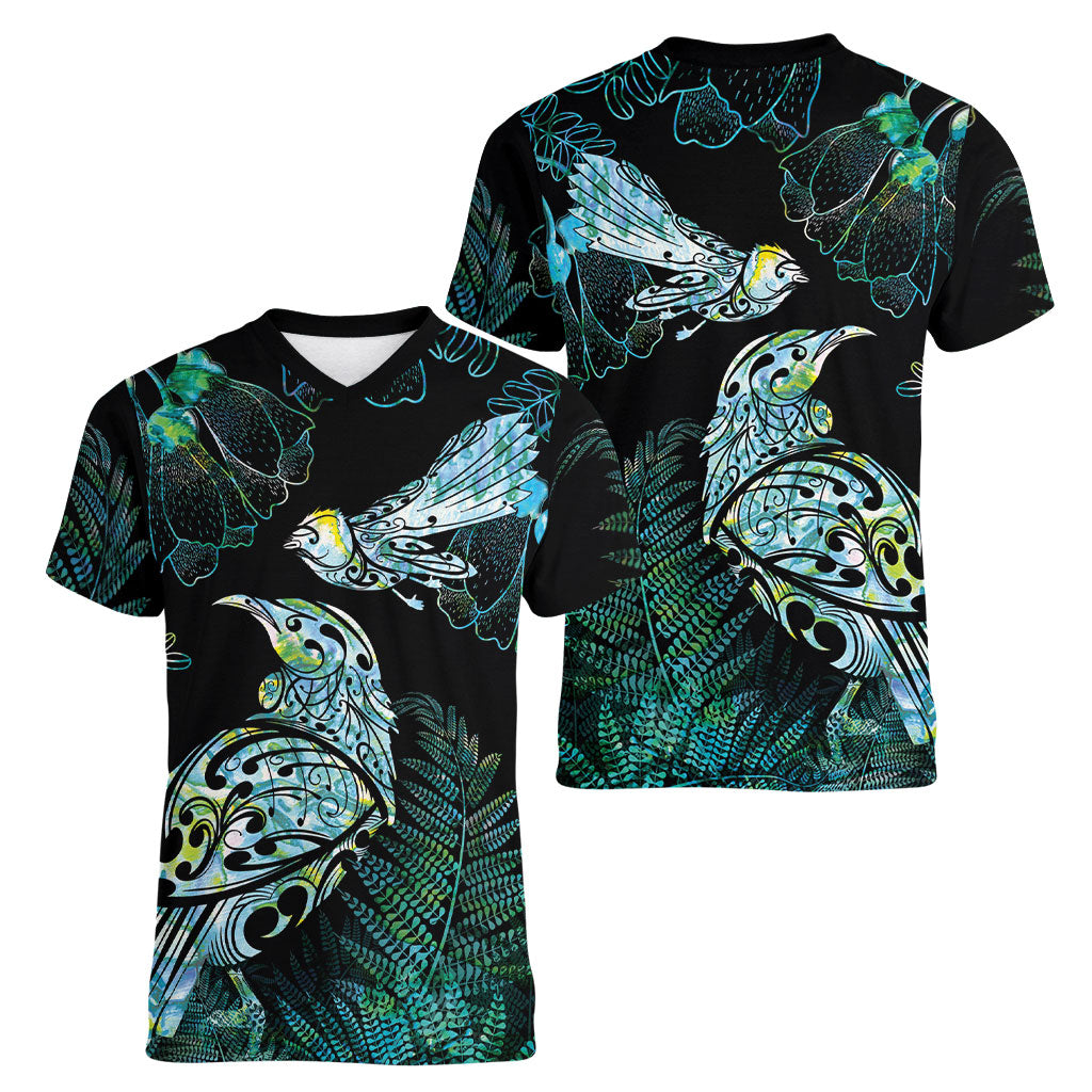 Aotearoa Maori Mahuru Women V-Neck T-Shirt Spring Time - Paua Shell Green LT7 - Polynesian Pride