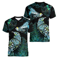 Aotearoa Maori Mahuru Women V-Neck T-Shirt Spring Time - Paua Shell Green LT7 - Polynesian Pride