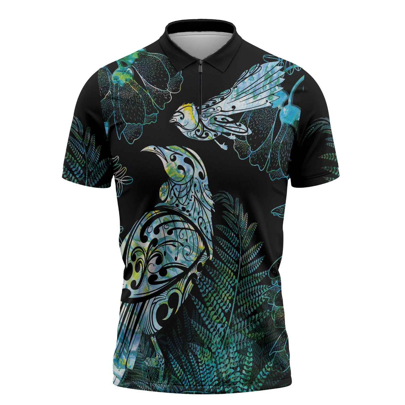 Aotearoa Maori Mahuru Zipper Polo Shirt Spring Time - Paua Shell Green LT7 Black - Polynesian Pride