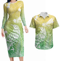 Aotearoa Maori Mahuru Tui With Pikawakawa Couples Matching Long Sleeve Bodycon Dress and Hawaiian Shirt Spring Time LT7 Green - Polynesian Pride