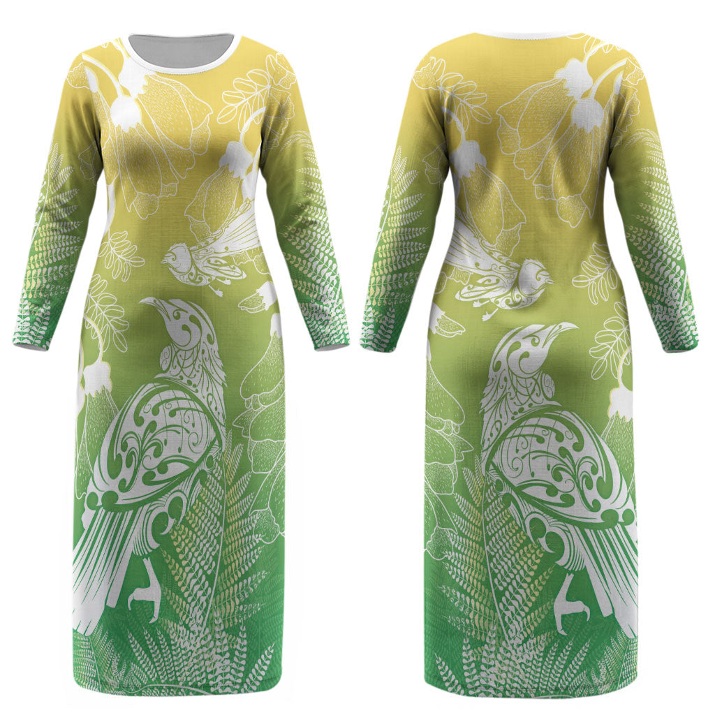 Aotearoa Maori Mahuru Tui With Pikawakawa Couples Matching Long Sleeve Bodycon Dress and Hawaiian Shirt Spring Time LT7 - Polynesian Pride
