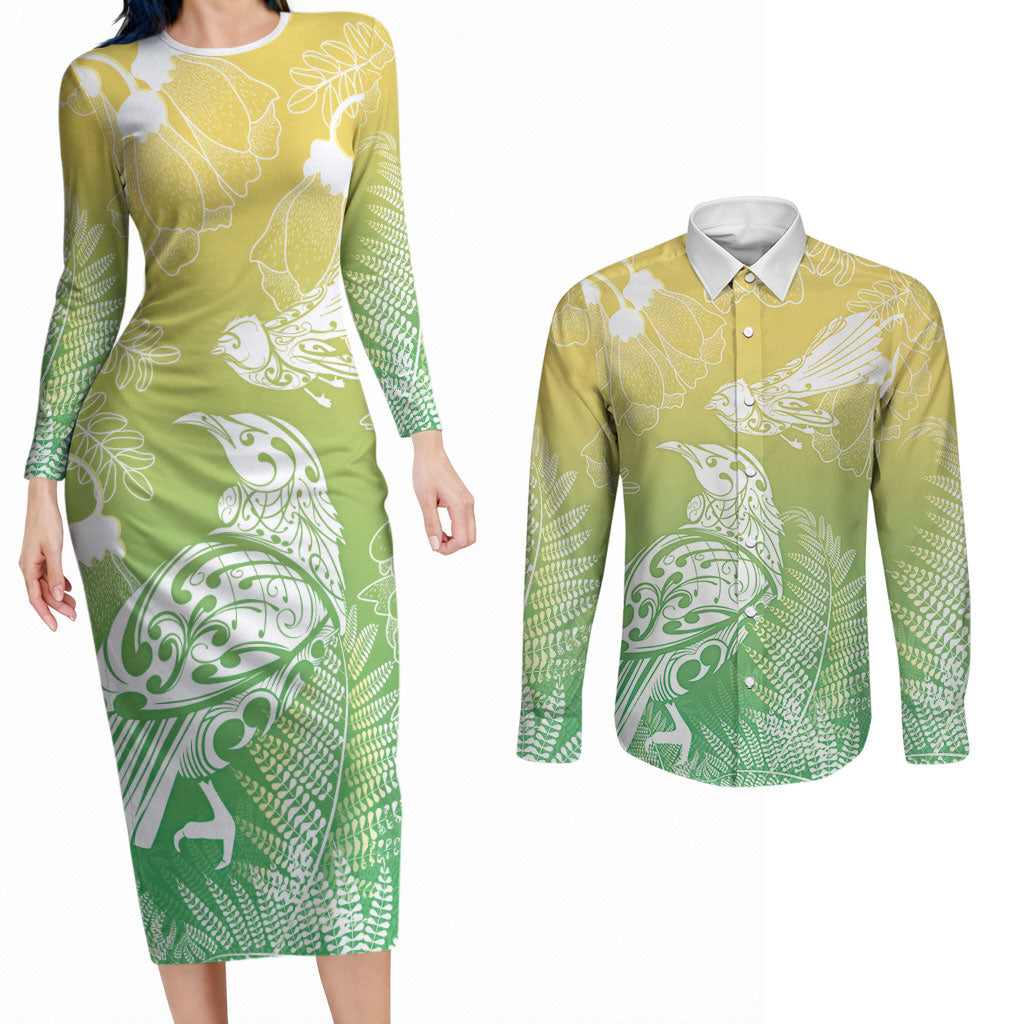 Aotearoa Maori Mahuru Tui With Pikawakawa Couples Matching Long Sleeve Bodycon Dress and Long Sleeve Button Shirt Spring Time LT7 Green - Polynesian Pride