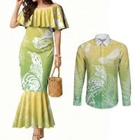 Aotearoa Maori Mahuru Tui With Pikawakawa Couples Matching Mermaid Dress and Long Sleeve Button Shirt Spring Time LT7 Green - Polynesian Pride