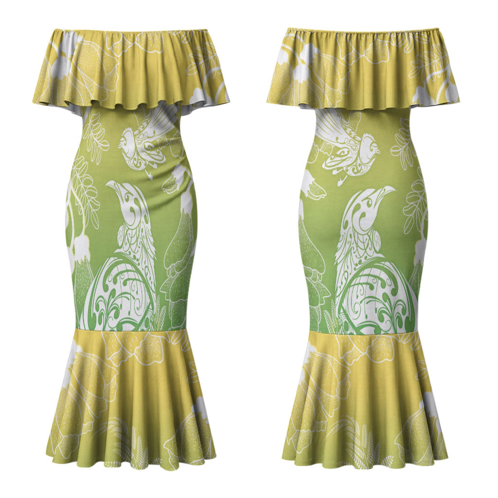 Aotearoa Maori Mahuru Tui With Pikawakawa Couples Matching Mermaid Dress and Long Sleeve Button Shirt Spring Time LT7 - Polynesian Pride