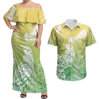 Aotearoa Maori Mahuru Tui With Pikawakawa Couples Matching Off Shoulder Maxi Dress and Hawaiian Shirt Spring Time LT7 Green - Polynesian Pride