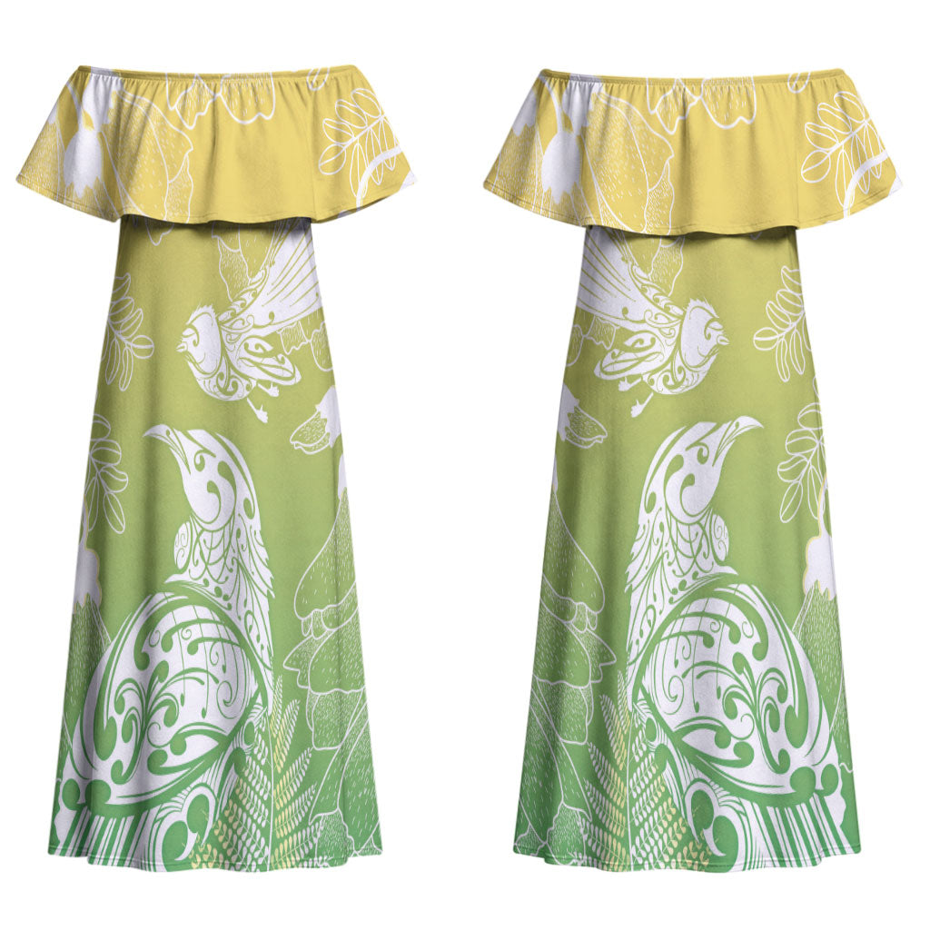 Aotearoa Maori Mahuru Tui With Pikawakawa Couples Matching Off Shoulder Maxi Dress and Hawaiian Shirt Spring Time LT7 - Polynesian Pride