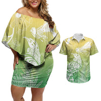 Aotearoa Maori Mahuru Tui With Pikawakawa Couples Matching Off Shoulder Short Dress and Hawaiian Shirt Spring Time LT7 Green - Polynesian Pride