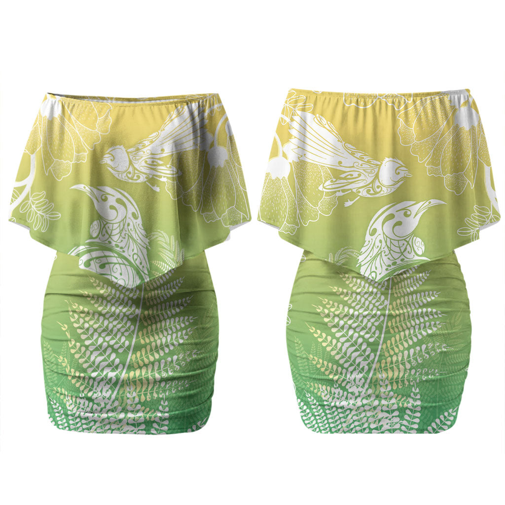 Aotearoa Maori Mahuru Tui With Pikawakawa Couples Matching Off Shoulder Short Dress and Hawaiian Shirt Spring Time LT7 - Polynesian Pride